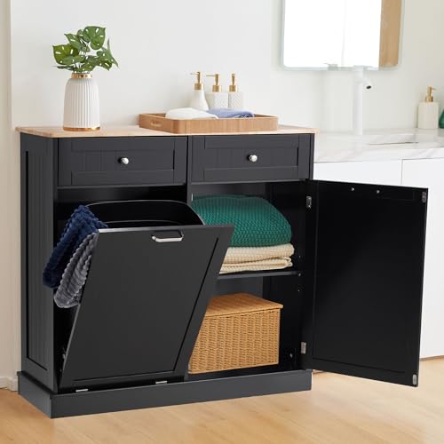 Black Tilt Out Trash Cabinet with Adjustable Shelf and Hideaway Drawers Y89024