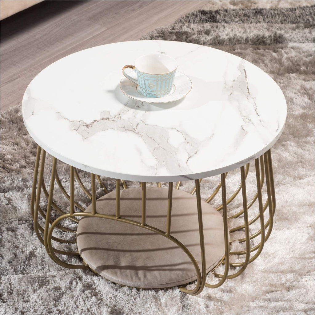 White Marble Texture Black Round Coffee Table with Storage D95505