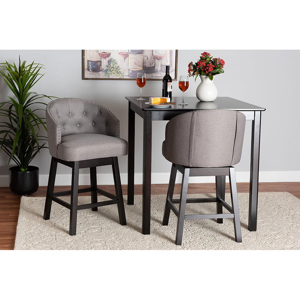 Grey Fabric and Espresso Brown Finished Wood 2-Piece Swivel Counter Stool P212