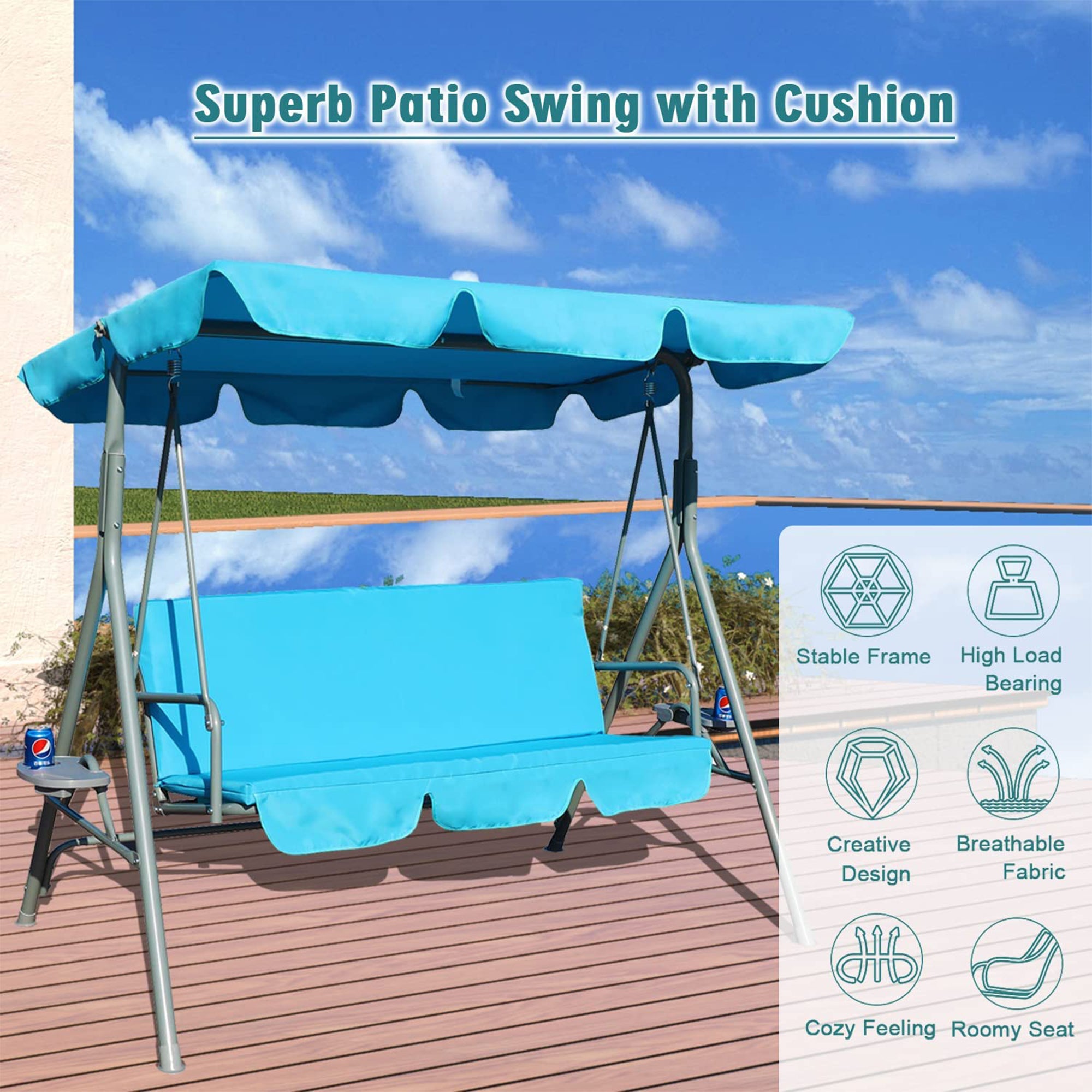 Blue 3 Person Glider Swing Hammock Chair with Utility Tray & Canopy B86381