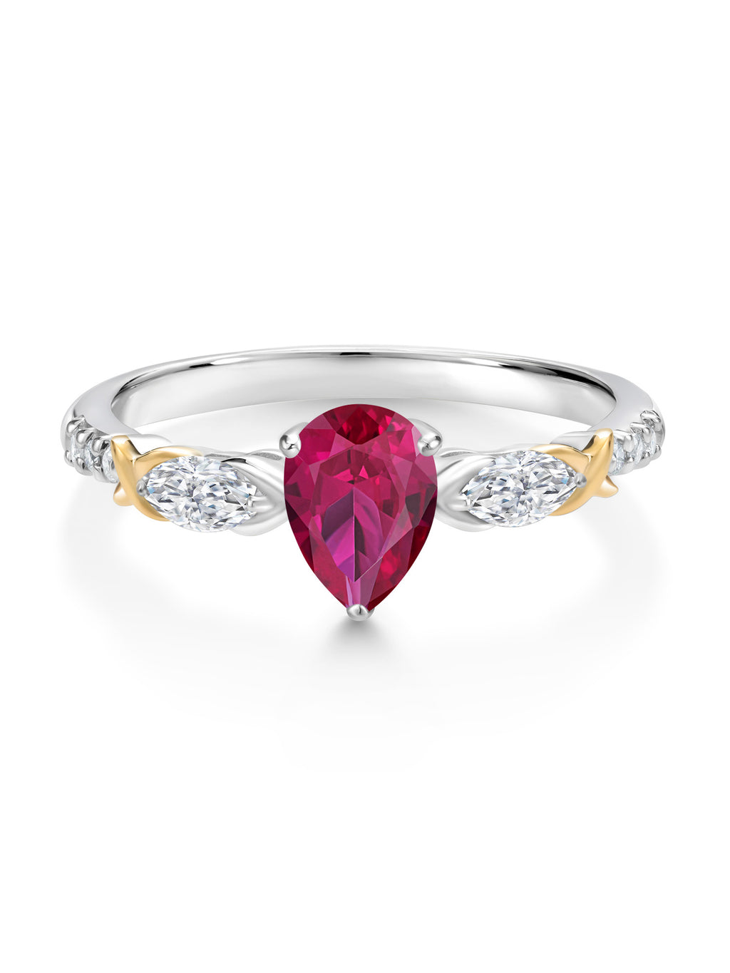 925 Silver 10K Yellow Gold Pear Shape Red Created Ruby White Moissanite White Lab Grown Diamond Engagement Ring V8498