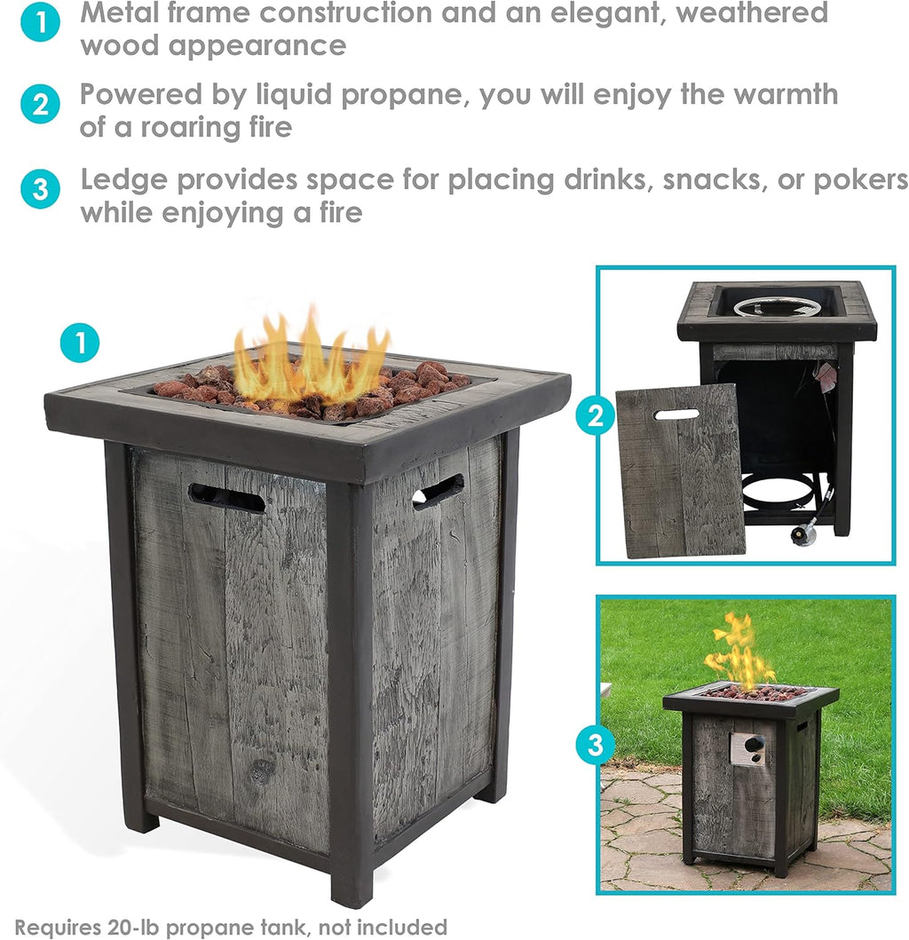 Square Outdoor Propane Gas Fire Pit Table with Weathered Wood Look - 25 Inches Tall L752