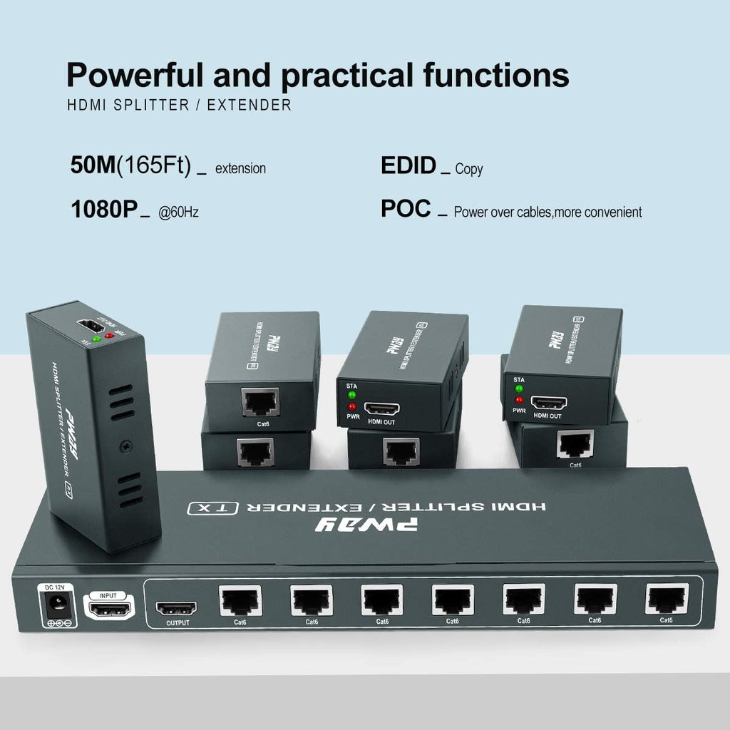 HDMI Extender Splitter 1x7 7 Port Over CAT5E/CAT6/CAT7 Ethernet Cable with HDMI Loop Out & POC Function & EDID Management, Up to 50m at 1080p 60Hz T7561
