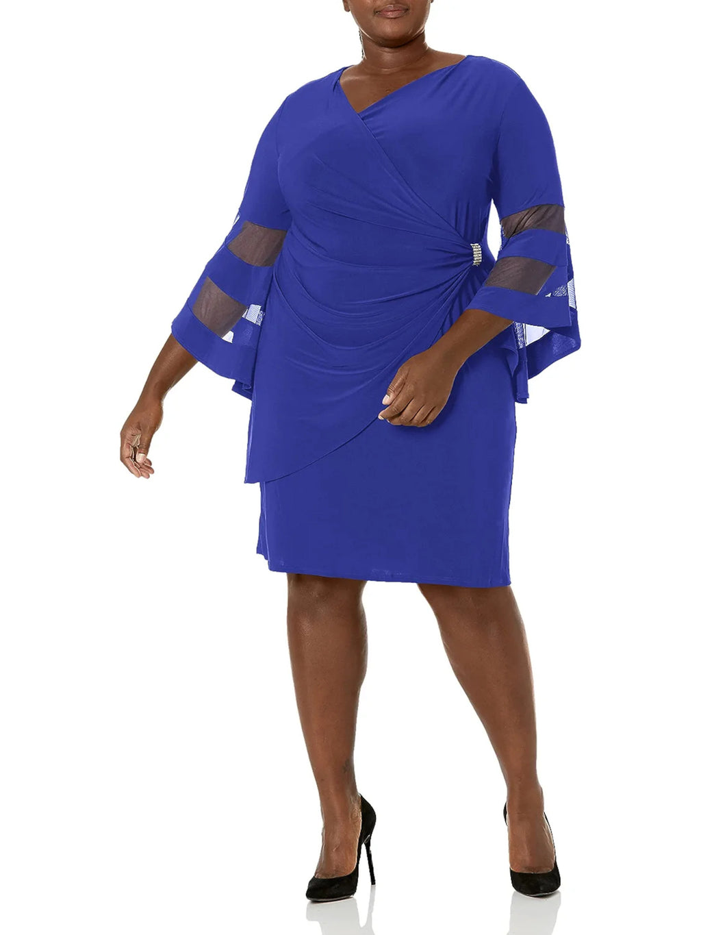Blue Beaded Rhinestone Illusion Bell Sleeve V Neck Knee Length Party Wrap Dress Plus 20W J99609