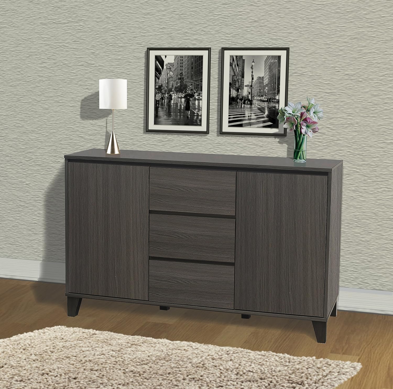 Oak Gray Wood Buffet Server Cabinet Console Table G644922