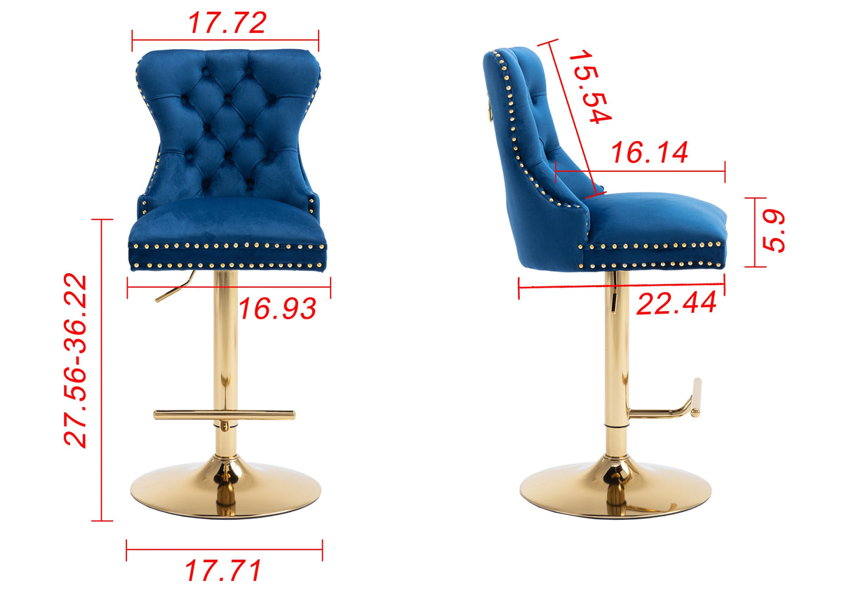 Blue Velvet Swivel Bar Stools Set Of 2 Adjustable Counter Height N6850