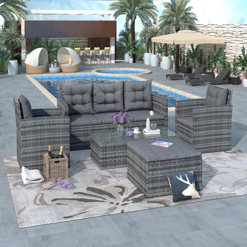 5 Piece Outdoor Patio Furniture Set with Storage Ottoman, 3 Seat Couch & 2 Arm Chairs, PE Wicker Sofa with Tempered Glass Table, Gray F966974