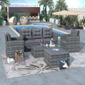 5 Piece Outdoor Patio Furniture Set with Storage Ottoman, 3 Seat Couch & 2 Arm Chairs, PE Wicker Sofa with Tempered Glass Table, Gray F966974