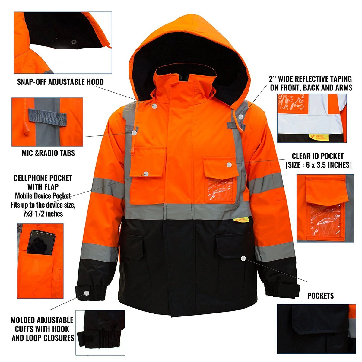 Men's High Visibility Safety Bomber Jacket With Zipper, PVC Pocket, Black Bottom, Orange J3482