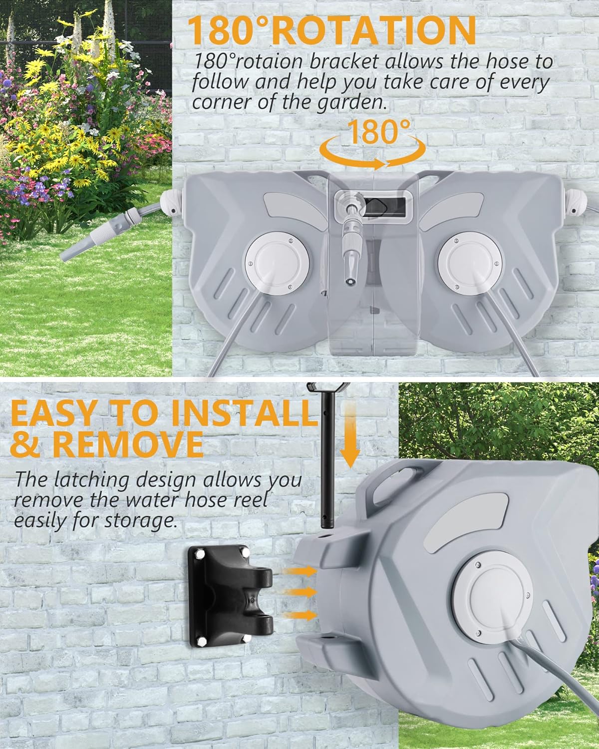 65FT Wall Mounted Retractable Garden Hose Reel with 9 Pattern Nozzle T387