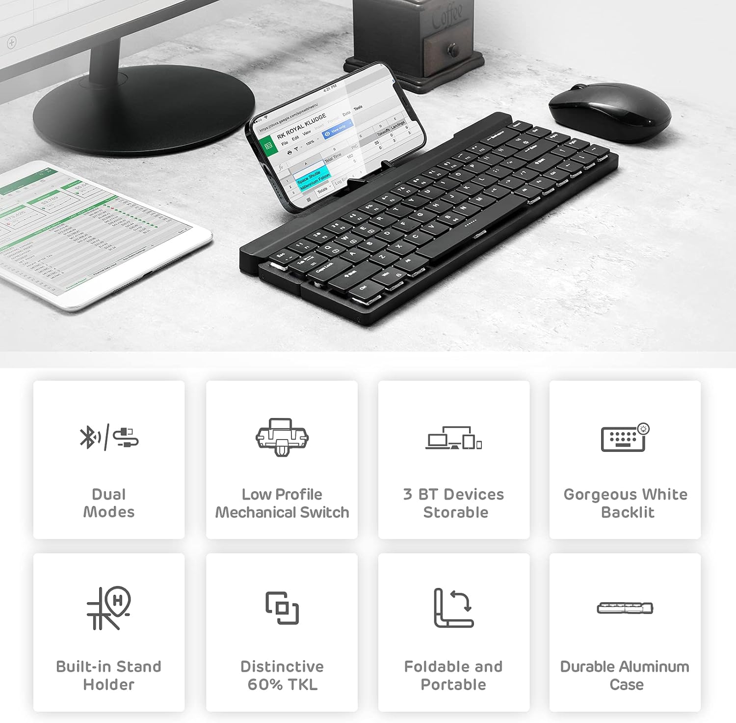 68 Keys 60% Foldable Mechanical Keyboard with Aluminum Body, White Backlit Z154