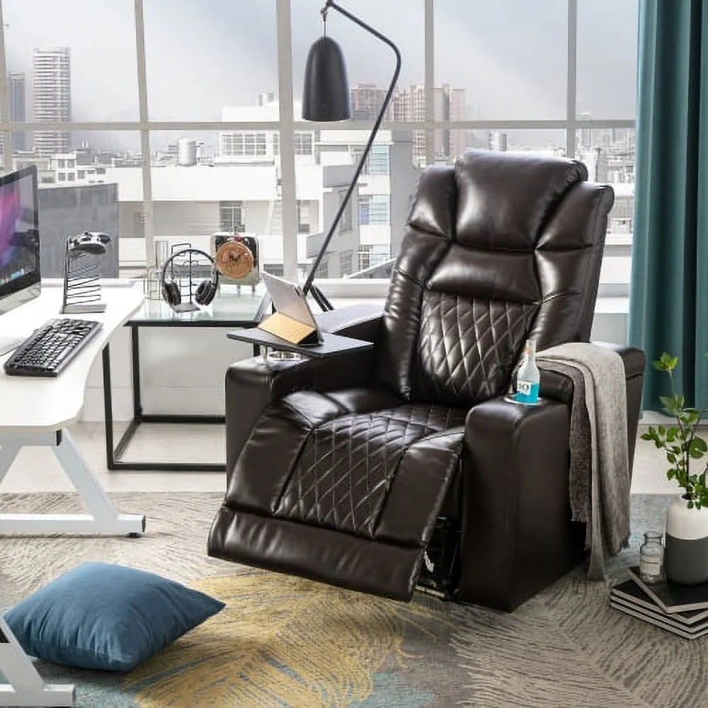 Brown Leather Power Recliner with USB Charging Port F226
