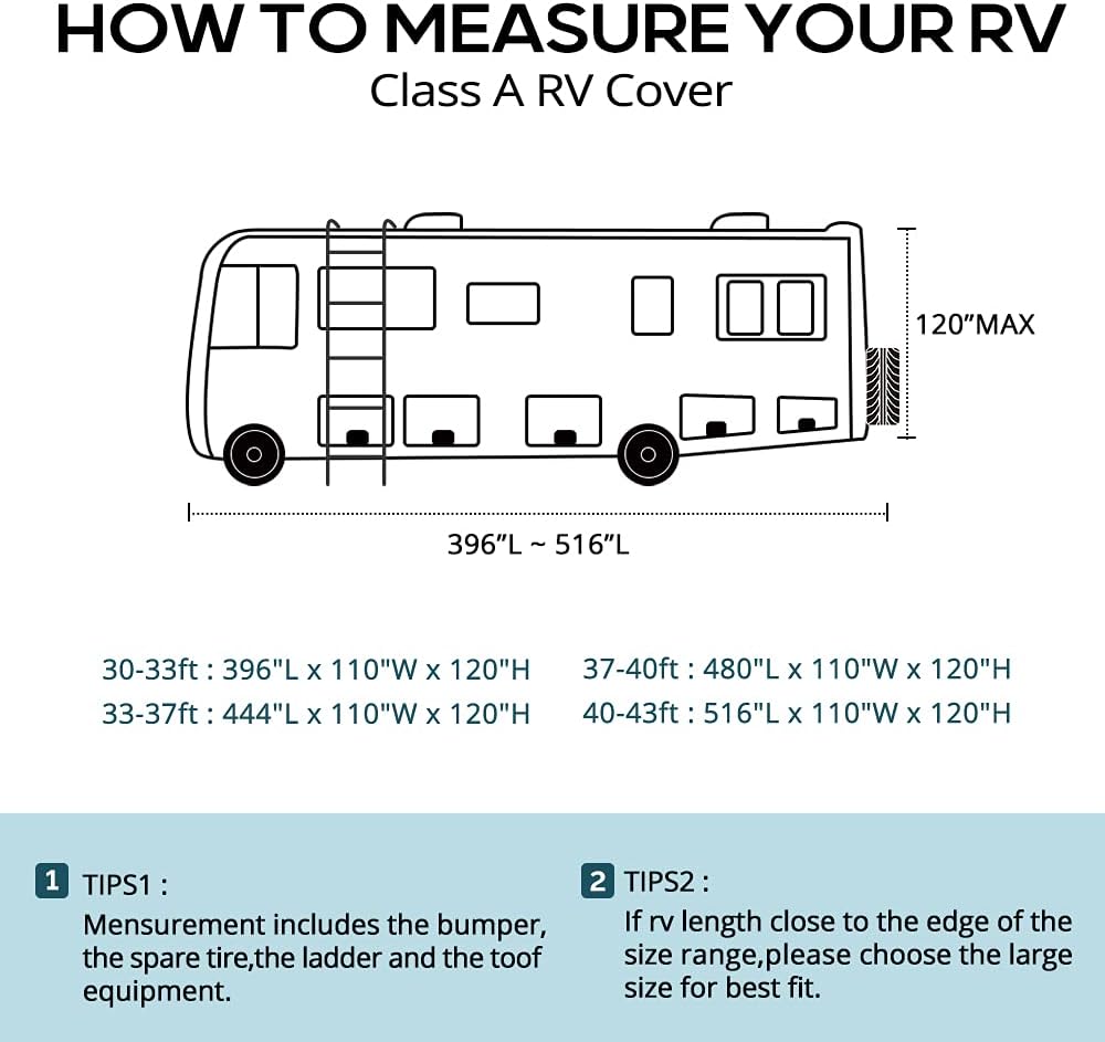 RV Cover, Extra-Thick 6-ply, Fits 40 - 43Ft Motorhome, with 2 Windproof Straps, 4 Tire Covers R885