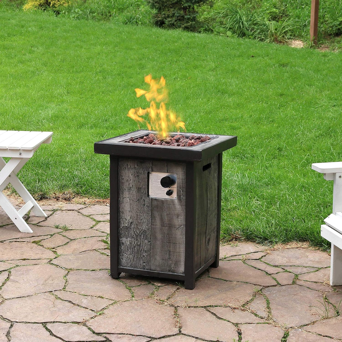 Square Outdoor Propane Gas Fire Pit Table with Weathered Wood Look - 25 Inches Tall L752
