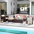 7 Piece PE Wicker Sofa Ottoman with 3 Red Pillows D9307