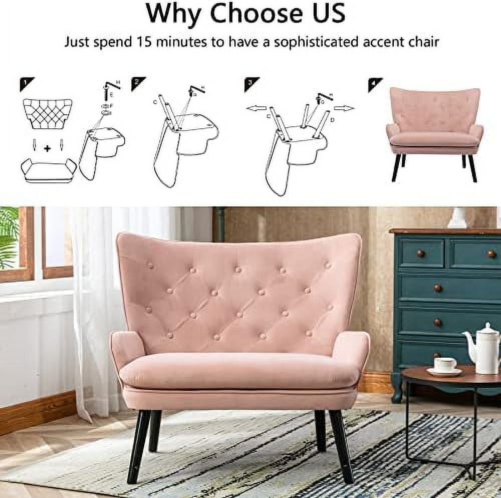 Pink Velvet Tufted Wingback Accent Chair with Solid Wood Legs A971