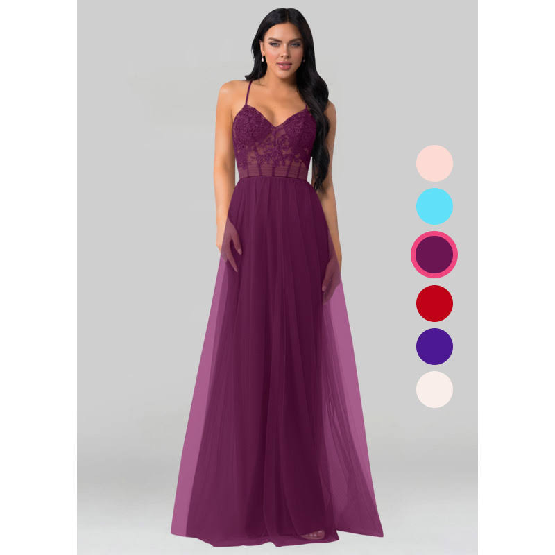 Raspberry Floor-Length Tulle Bridesmaid Dresses S2851