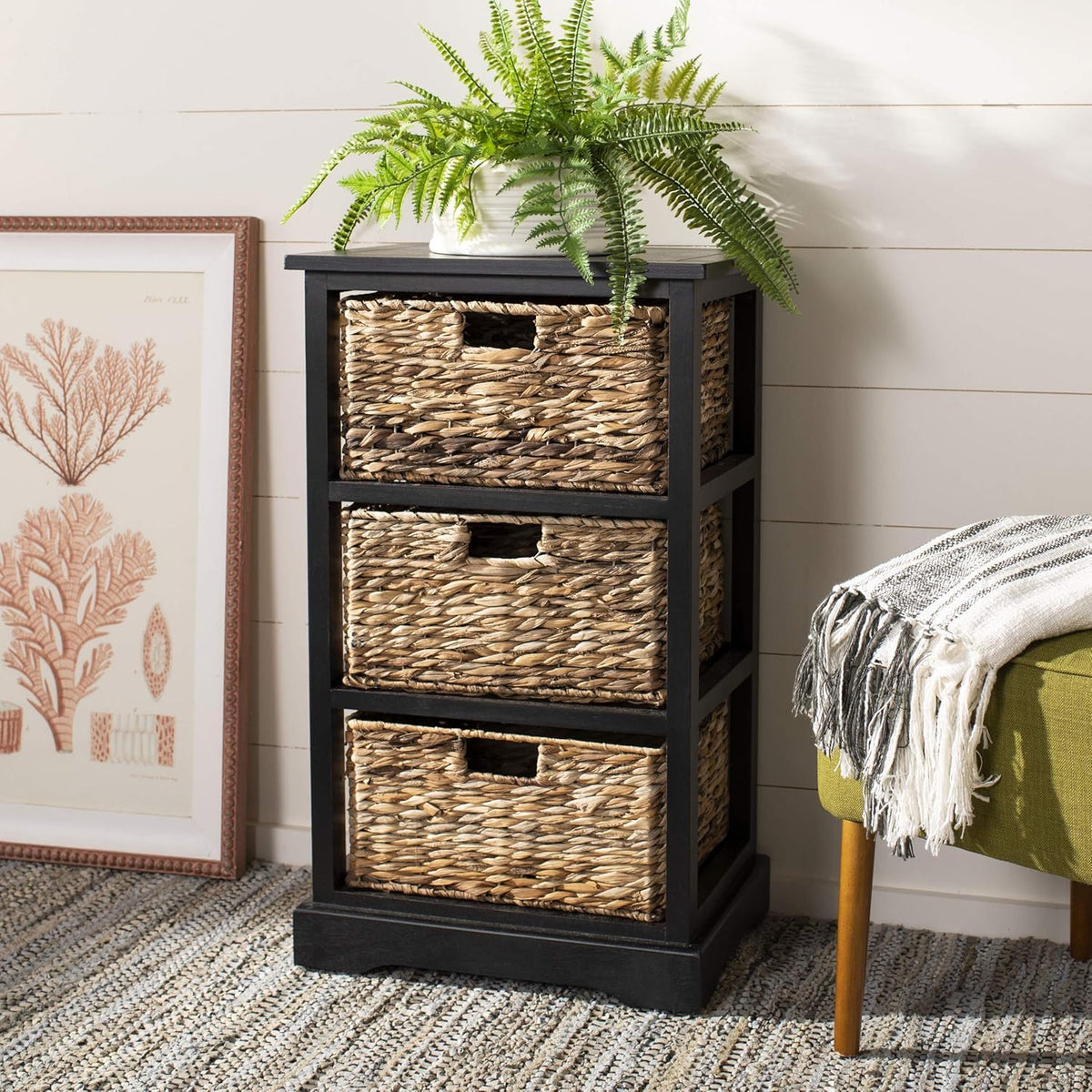 Distressed Black Wicker Basket Storage Side Table A75248