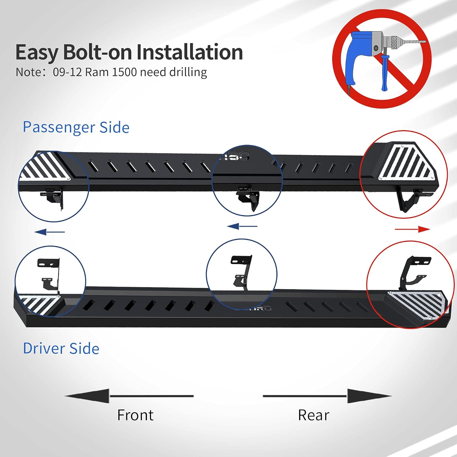 Textured Black Steel Running Boards Side Step Rails N489