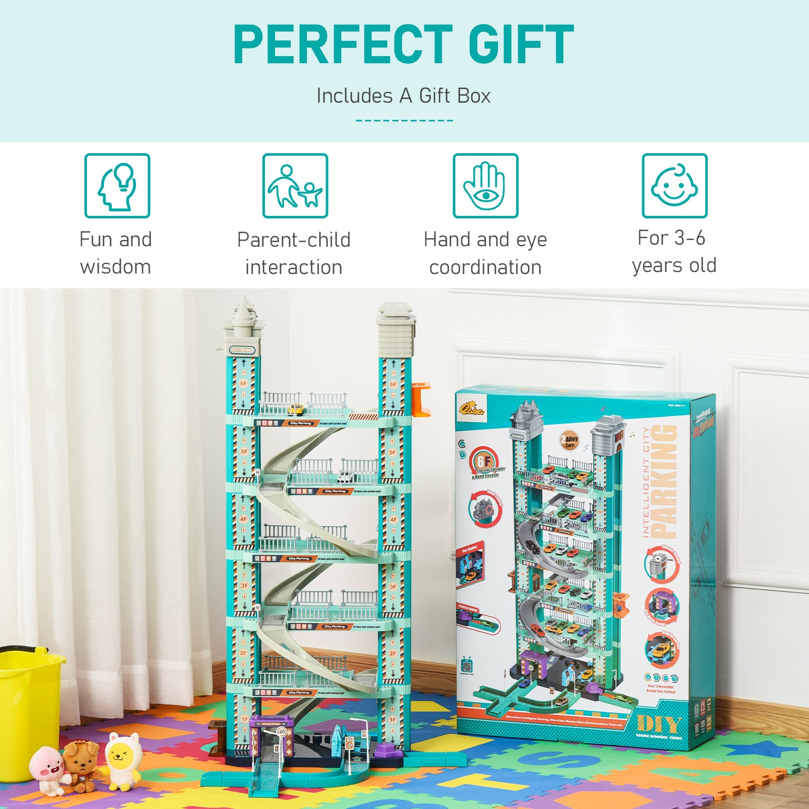 City Garage Playset with 98 Pieces Accessories Set, 6-Level Car Parking Playsets Toy with Manual and Electric Elevators Wash, Gas, Ejector & Car Repair Station P24561