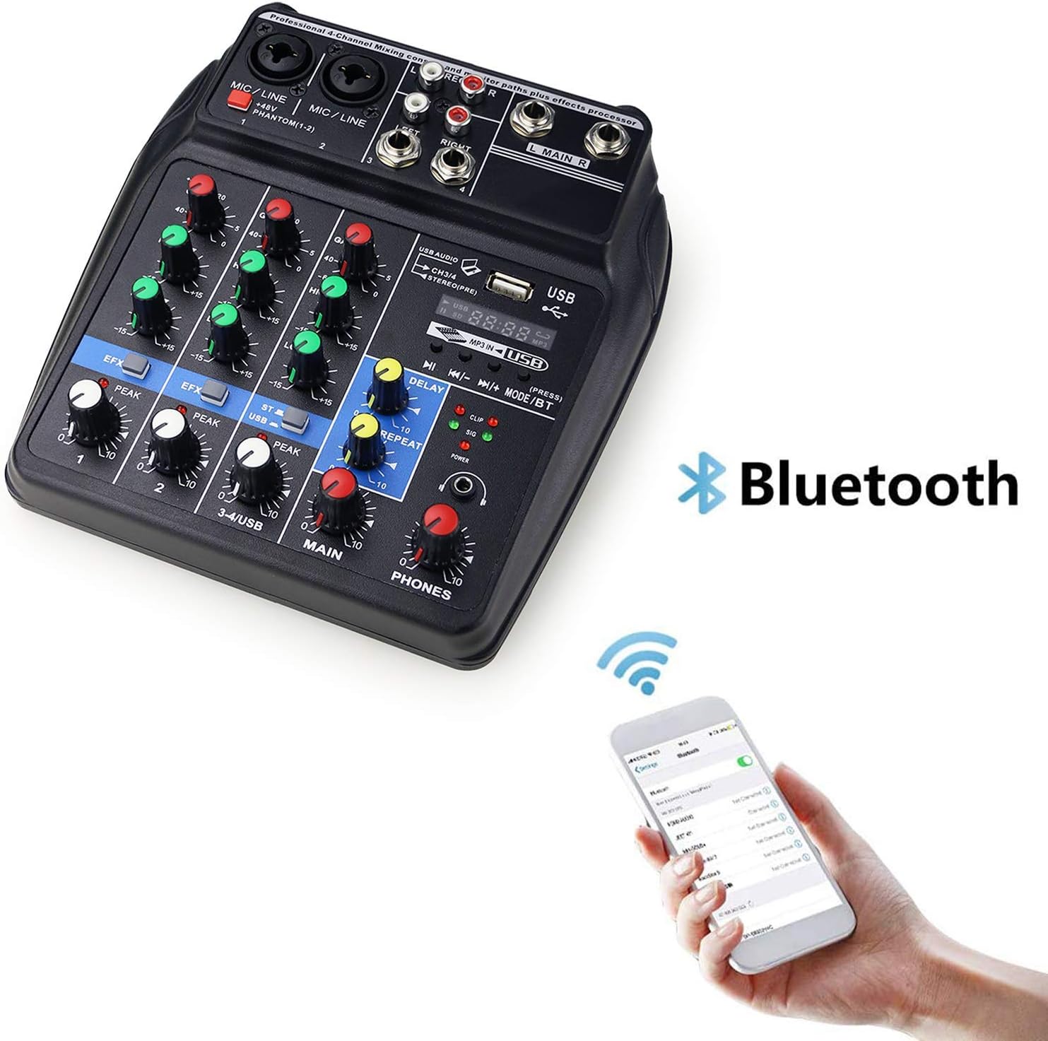 4 Channels Audio Mixer with Sound Card and 48V Phantom Power R9127