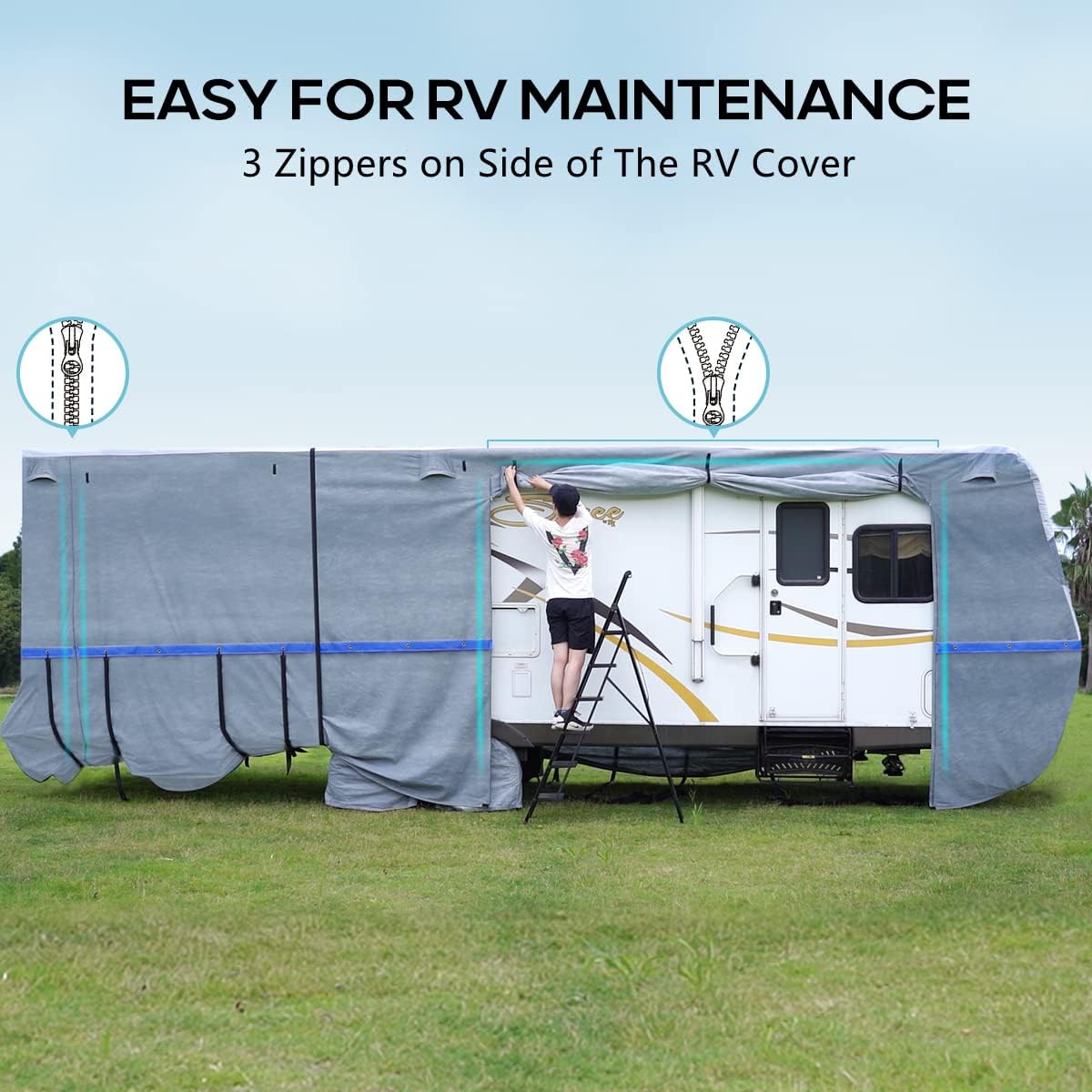 RV Cover, Extra-Thick 6-ply, Fits 40 - 43Ft Motorhome, with 2 Windproof Straps, 4 Tire Covers R885