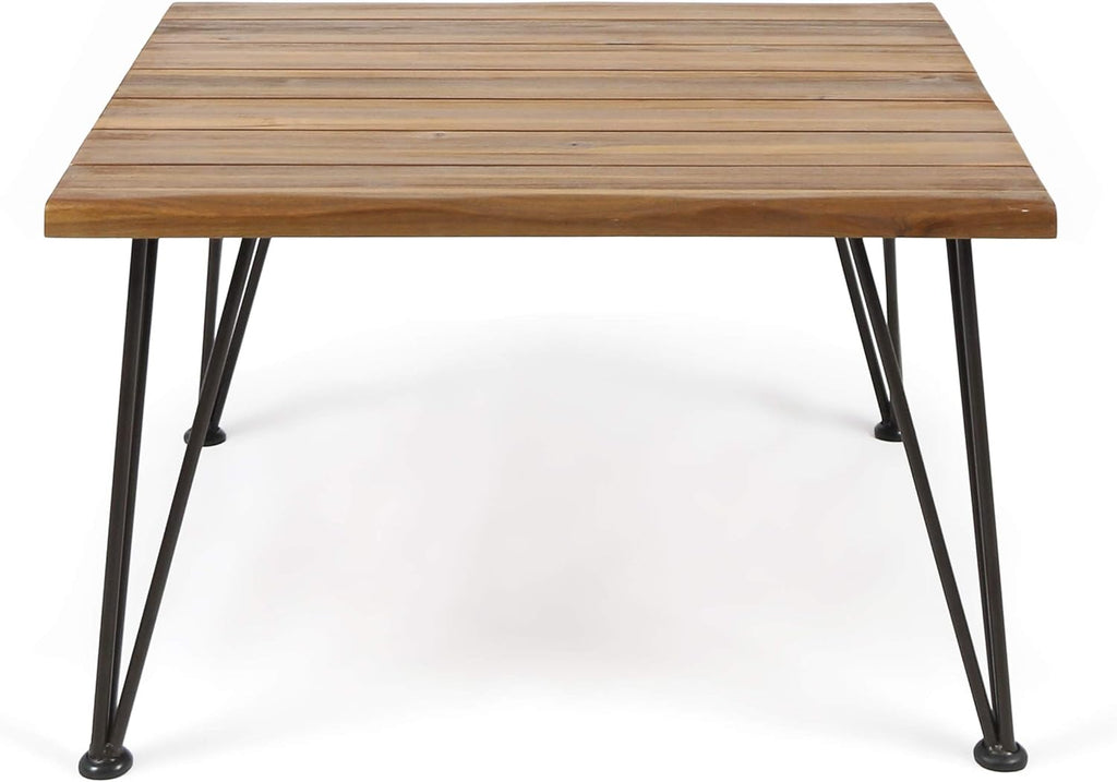 Teak Finish Acacia Wood Coffee Table with Iron Frame Q28862