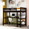 Espresso Wood Twin Loft Bed with Desk and Storage Shelves V199