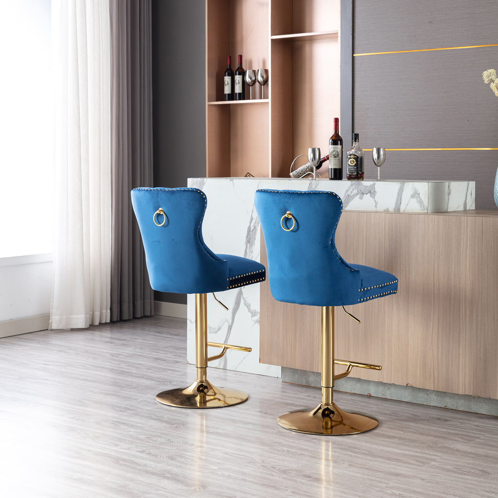 Blue Velvet Swivel Bar Stools Set Of 2 Adjustable Counter Height N6850