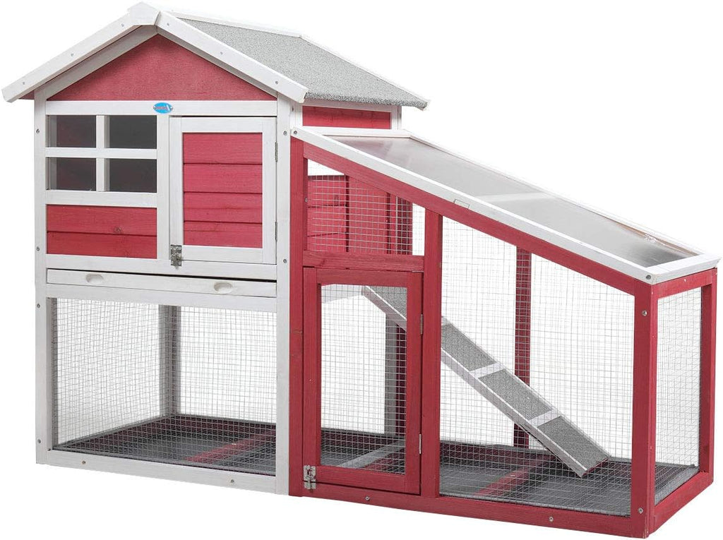 Rabbit Hutch Wooden Bunny Coop Hen House Outdoor Two-Story Animal Pet cage Garden Backyard with Run, 2 Colors(Red/Gray and White) J39964