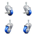 Set of 4 Blue Polyurethane Swivel Threaded Stem Casters with 3 inch x 1.25 inch Wheels and 10mm Stems O388505