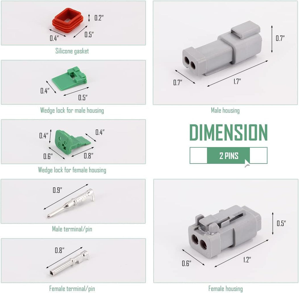 2 Pin DT Connector Kit Waterproof Electrical Connectors Solid Contacts Heavy Duty 16-20 AWG 4Pcs P2326