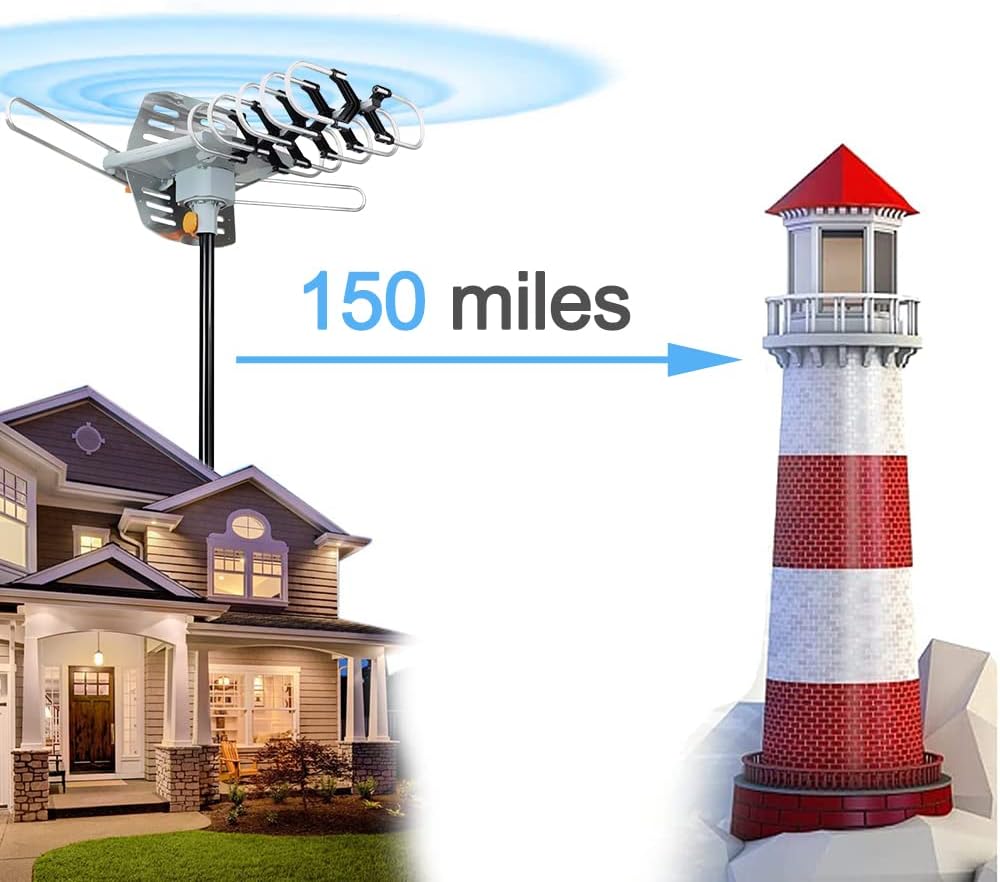 Amplified Digital Outdoor Antenna 150 Miles Range 360 Degree Rotation with 33FT Coax Cable V5086