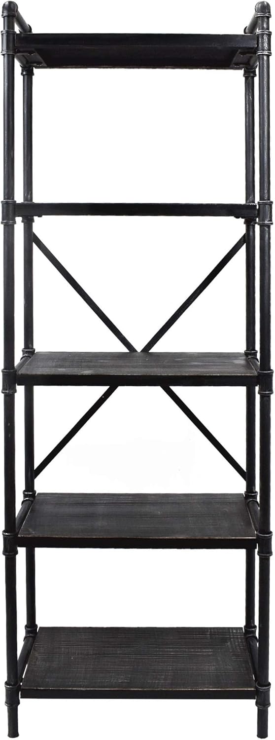 Industrial Iron 5 Shelf Firwood Bookcase, Gray and Pewter Finish H4816