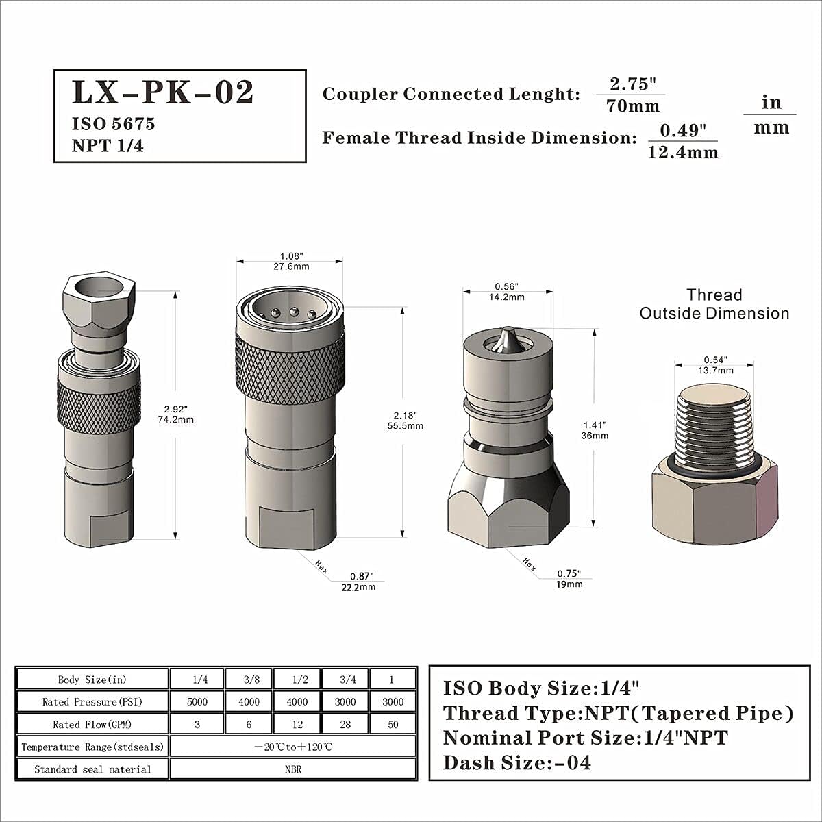2-Sets 1/4'' Ag ISO5675 Carbon Steel Hydraulic Quick Disconnect Coupling with Dust Cap O966