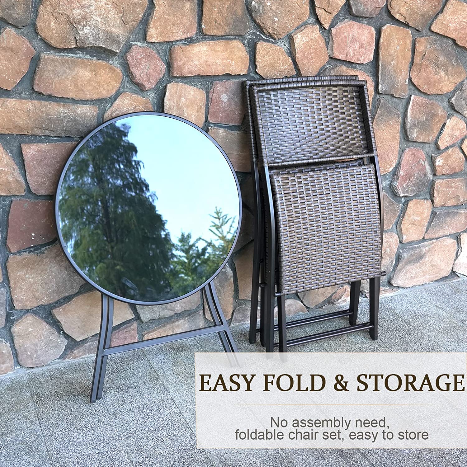 3 Pieces Wicker Patio Bistro Set with Folding Round Table and Chairs S97586