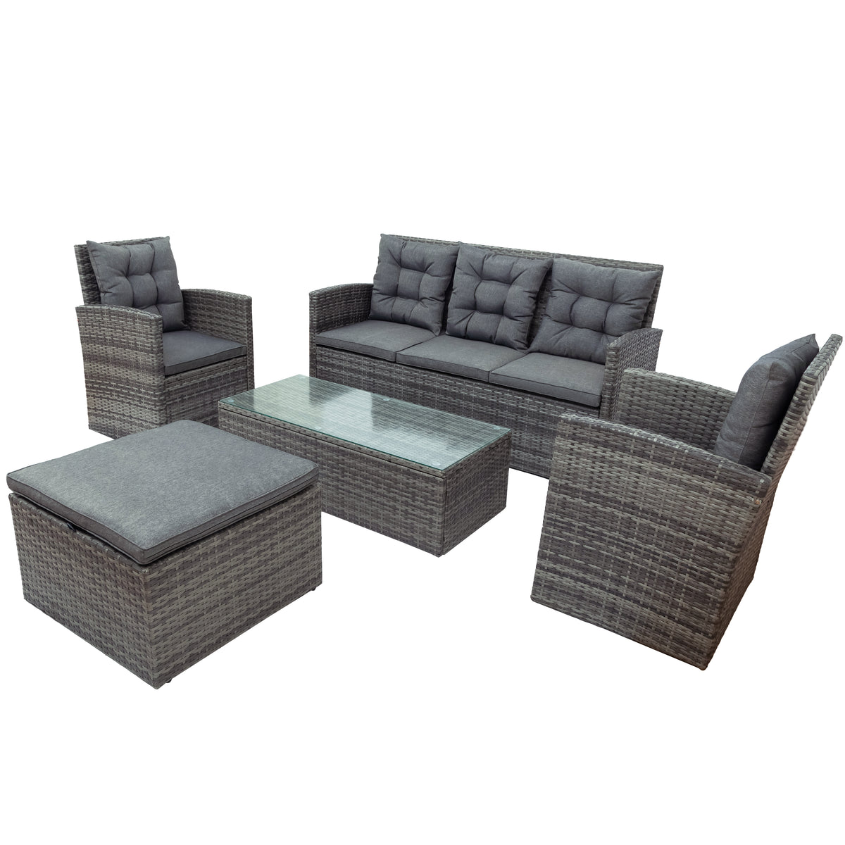 5 Piece Outdoor Patio Furniture Set with Storage Ottoman, 3 Seat Couch & 2 Arm Chairs, PE Wicker Sofa with Tempered Glass Table, Gray F966974