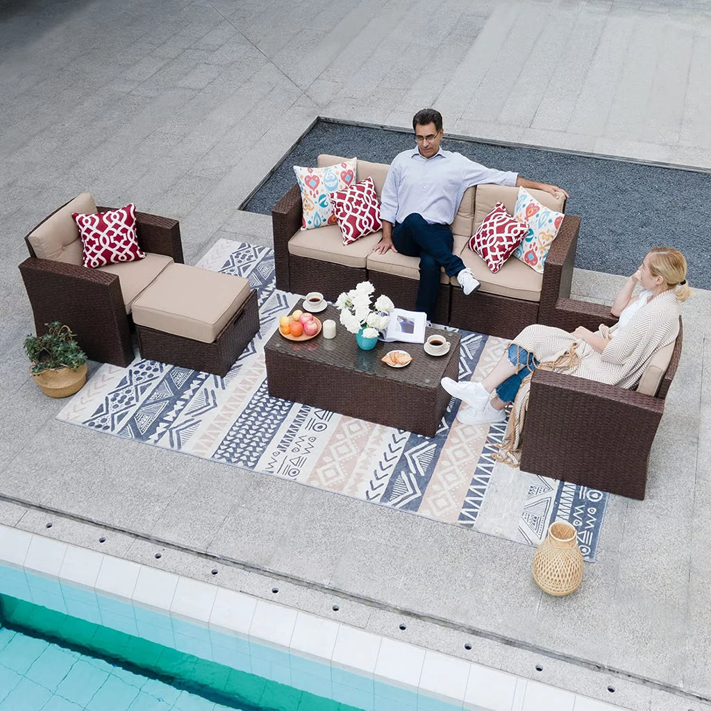 7 Piece PE Wicker Sofa Ottoman with 3 Red Pillows D9307