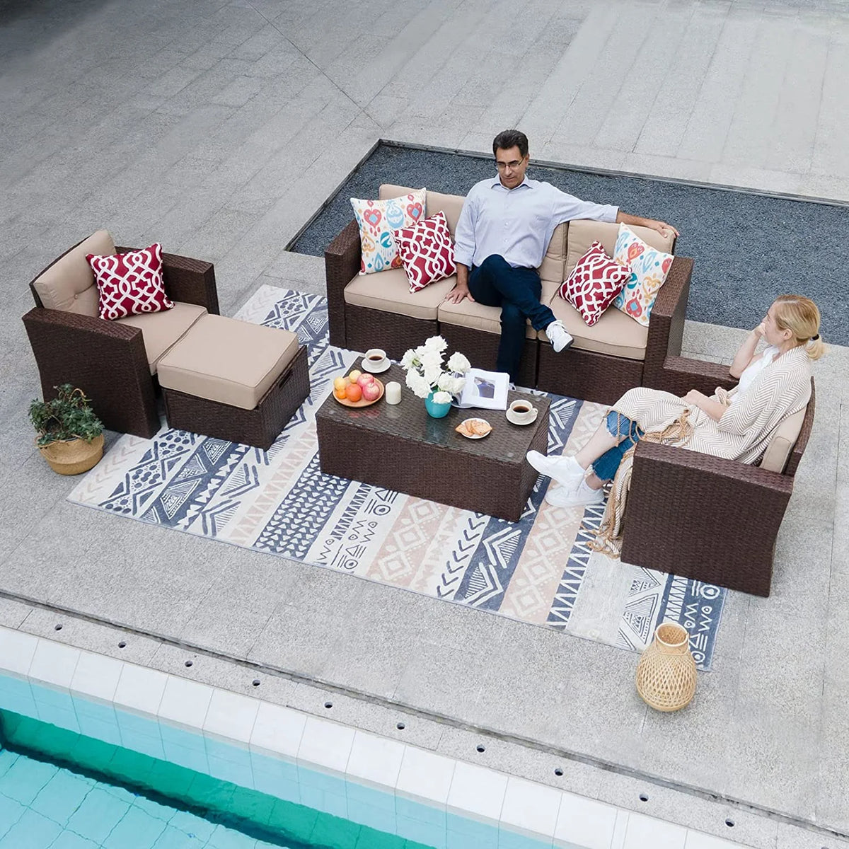 7 Piece PE Wicker Sofa Ottoman with 3 Red Pillows D9307