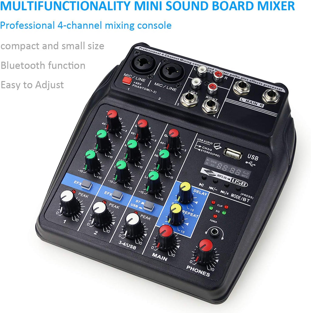 4 Channels Audio Mixer with Sound Card and 48V Phantom Power R9127