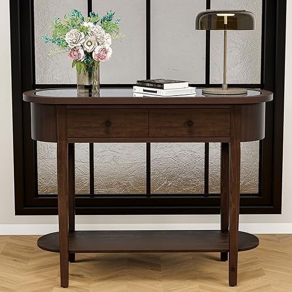 Half-Round Entryway Table with Solid MDF Board Glass Table Top Console Table 15.7" D x 40" W x 30.5" H J933