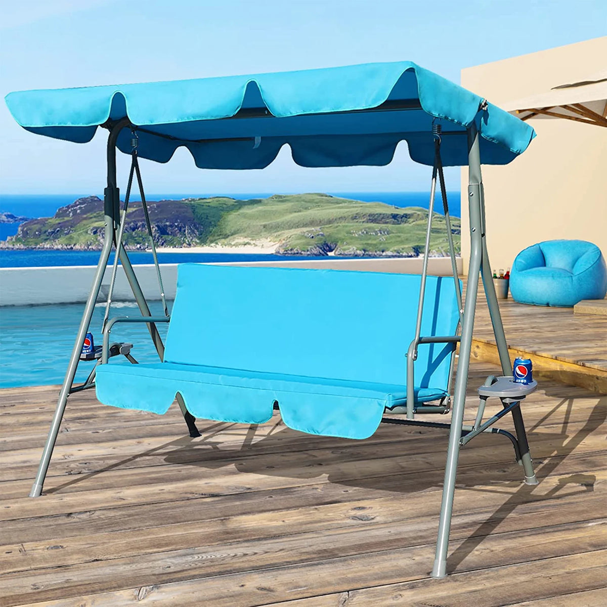 Blue 3 Person Glider Swing Hammock Chair with Utility Tray & Canopy B86381