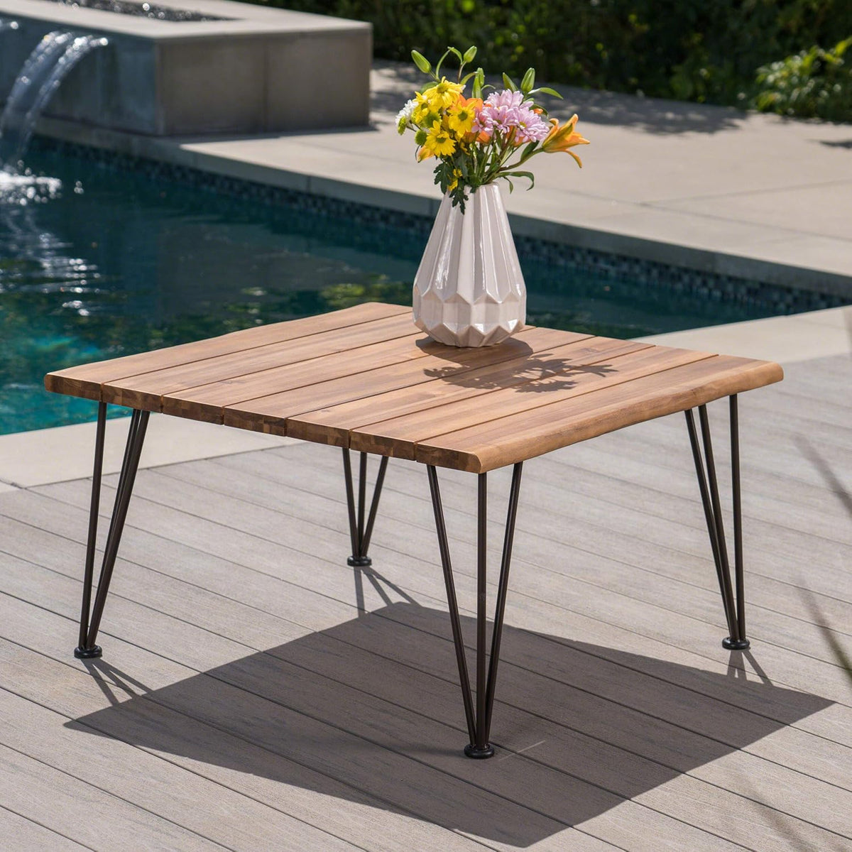 Teak Finish Acacia Wood Coffee Table with Iron Frame Q28862