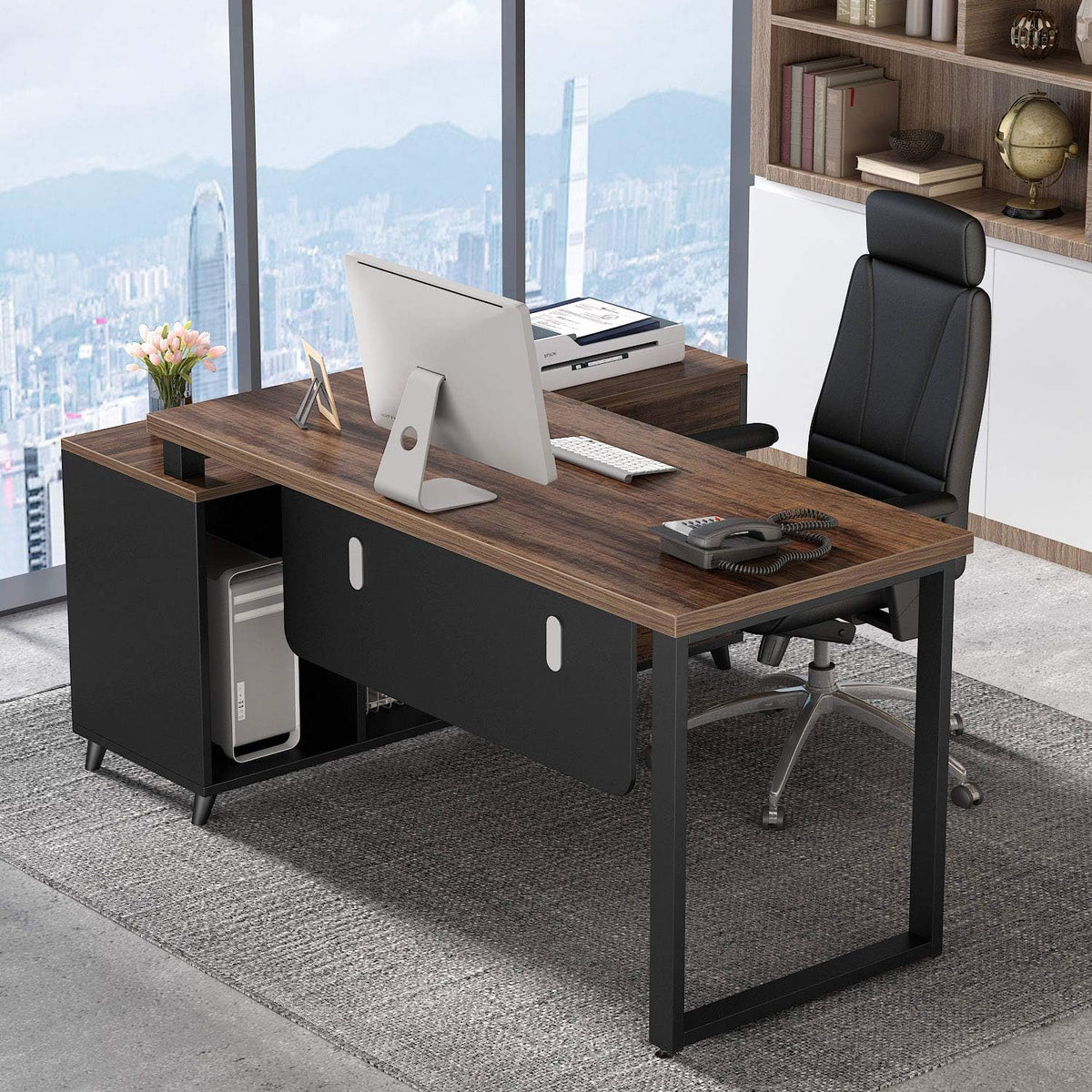 55 Inch L-Shaped Computer Desk with Drawers and File Cabinet H56218