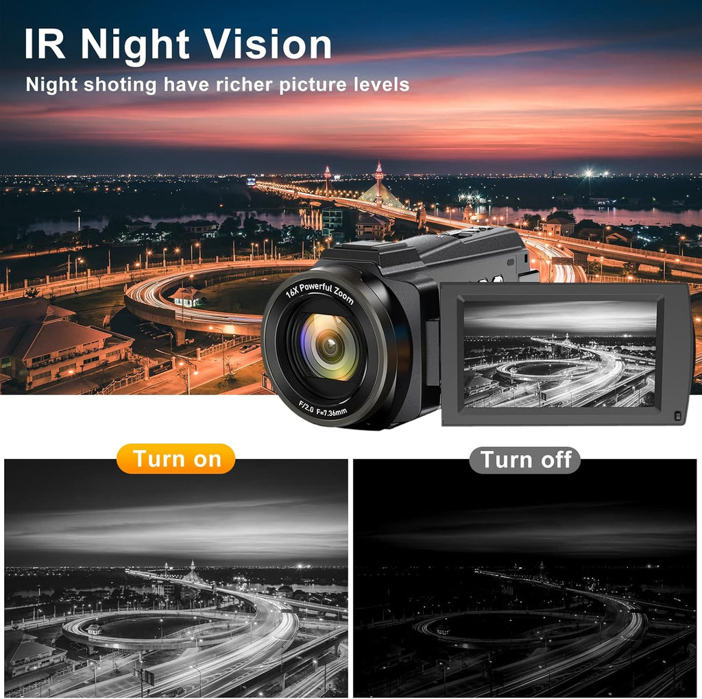 4K Camcorder UHD WiFi IR Night Version 48MP 30FPS 16X Digital Zoom 3 Touch Screen Camera L35431