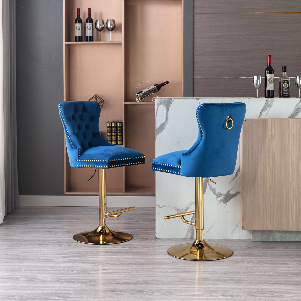 Blue Velvet Swivel Bar Stools Set Of 2 Adjustable Counter Height N6850