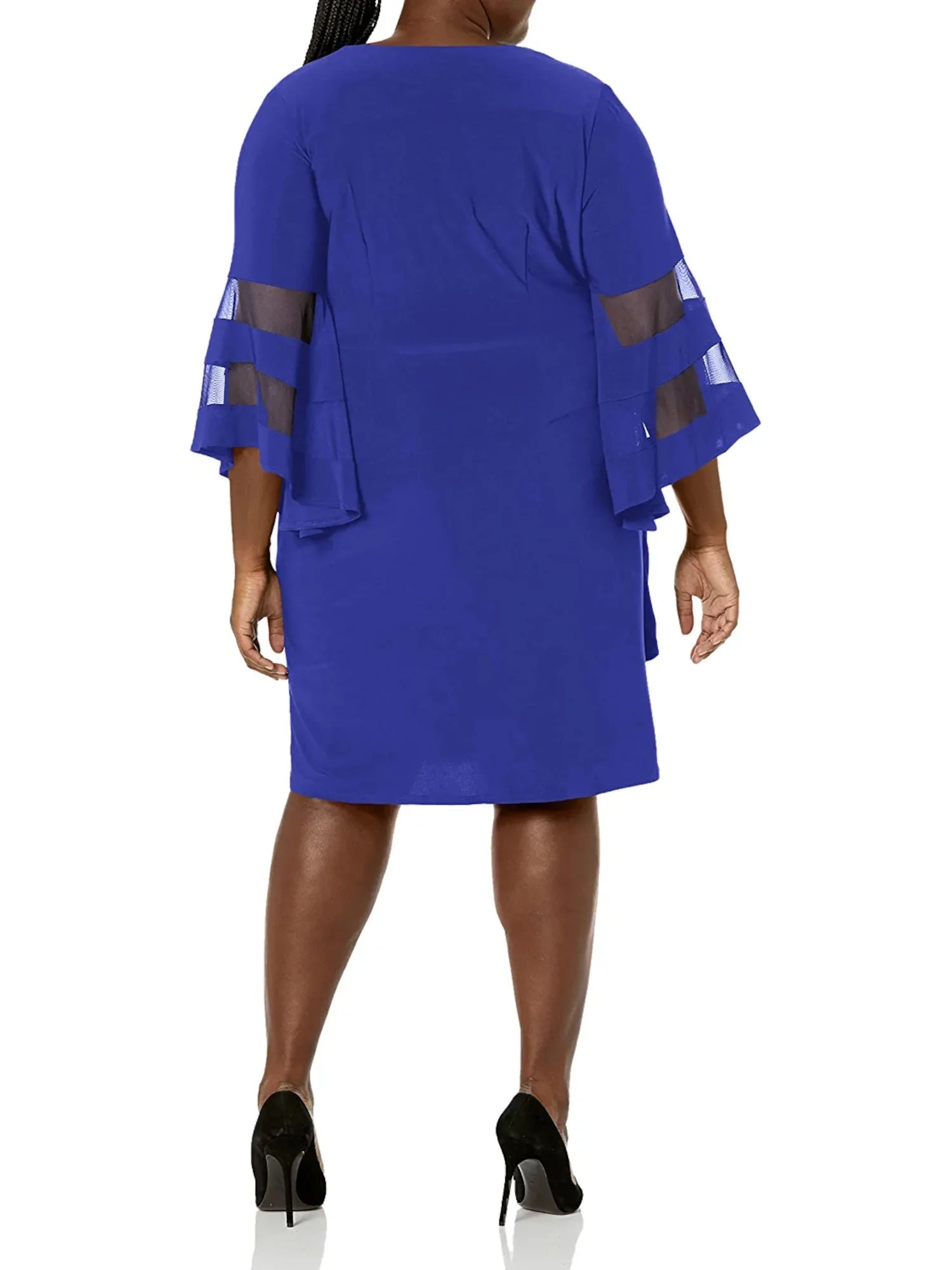 Blue Beaded Rhinestone Illusion Bell Sleeve V Neck Knee Length Party Wrap Dress Plus 20W J99609