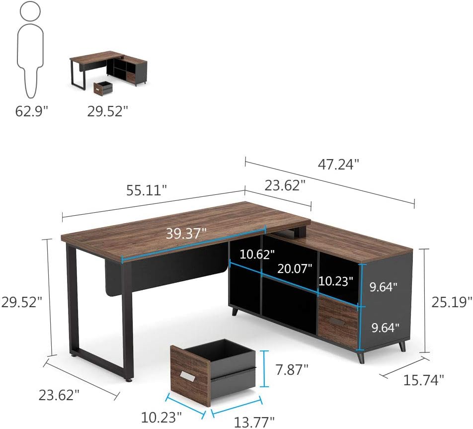 55 Inch L-Shaped Computer Desk with Drawers and File Cabinet H56218