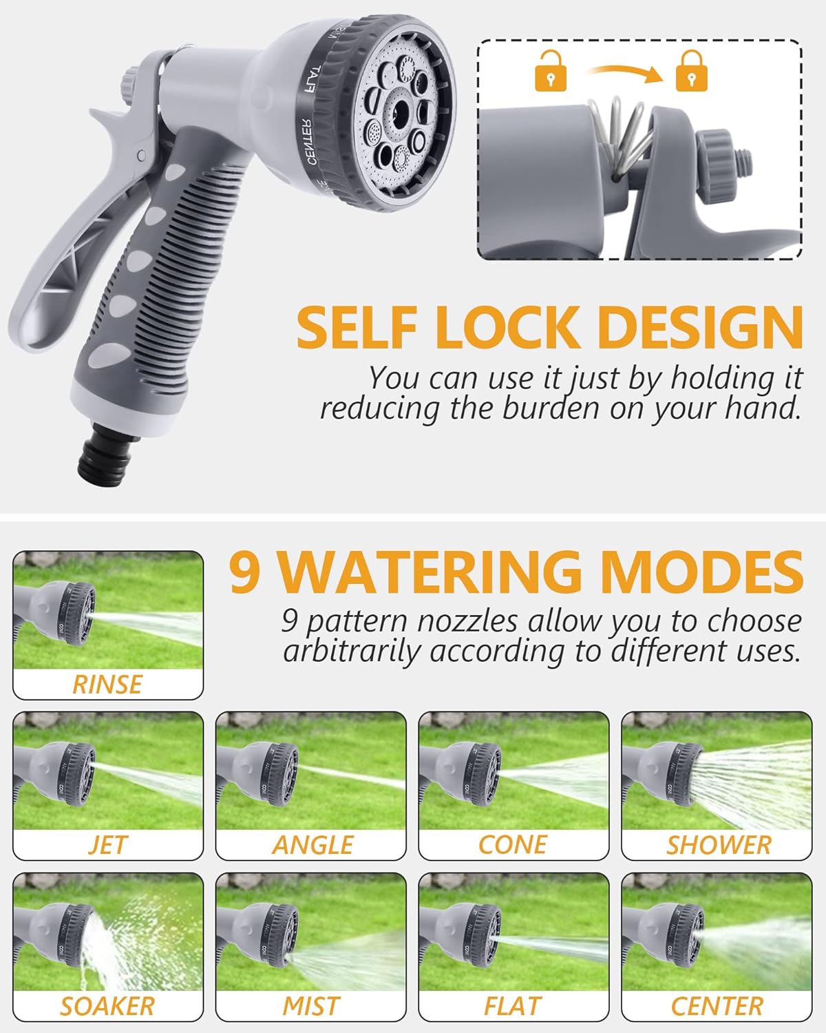 65FT Wall Mounted Retractable Garden Hose Reel with 9 Pattern Nozzle T387