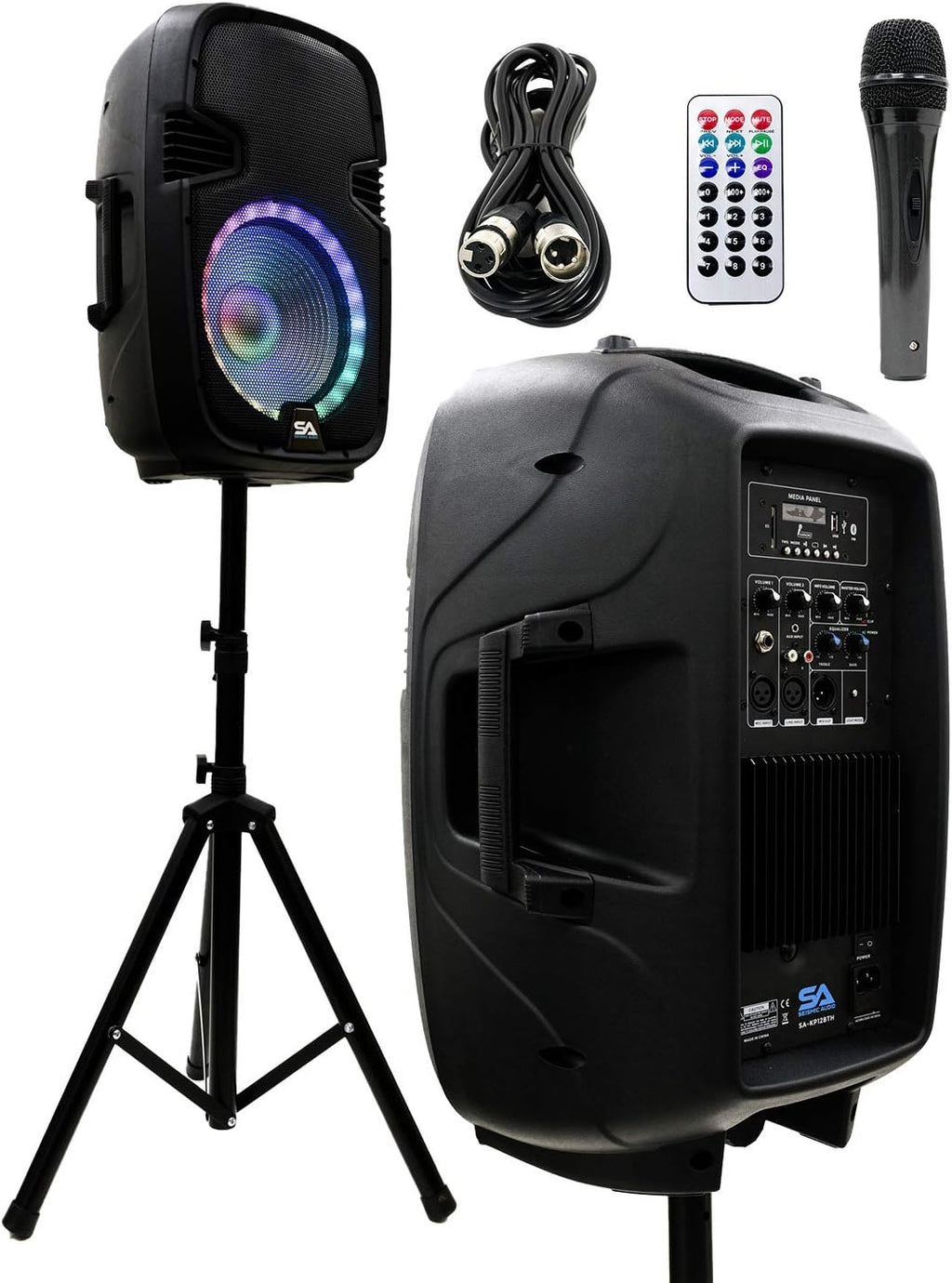 Active 10 Inch DJ Karaoke Party Speaker with Stand, Bluetooth, LED Lights, Microphone, Cable and Remote T46543